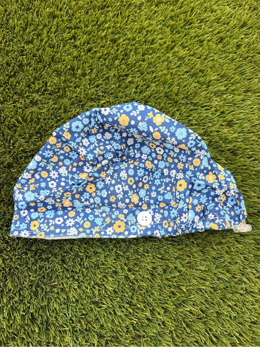 Blue & Yellow Floral Bouffant Scrub Cap - Lightweight Adjustable Headwear